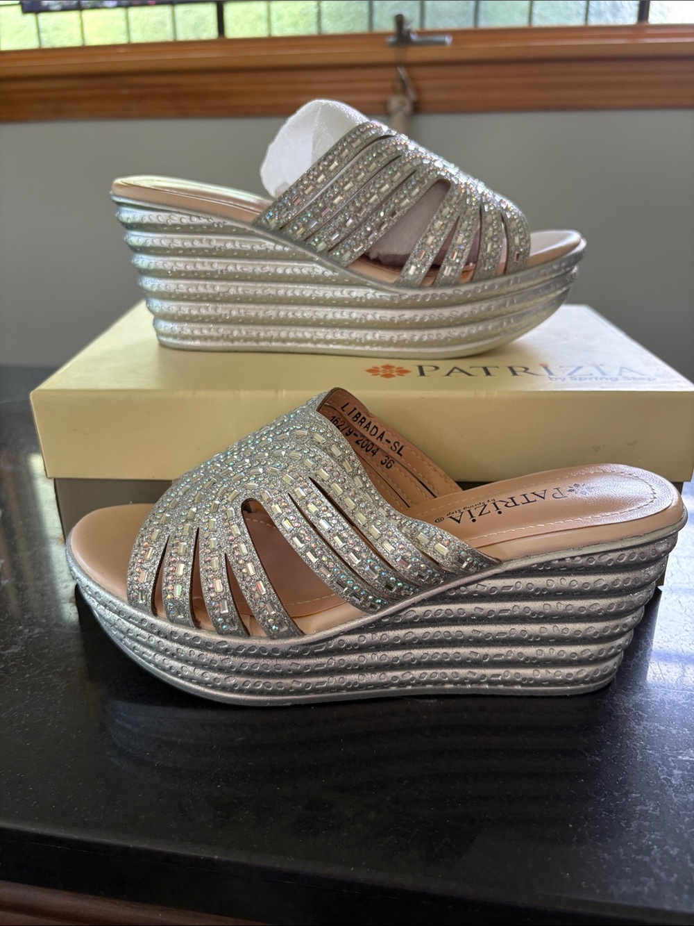 Patrizia Silver Rhinestone Wedge Sandals
